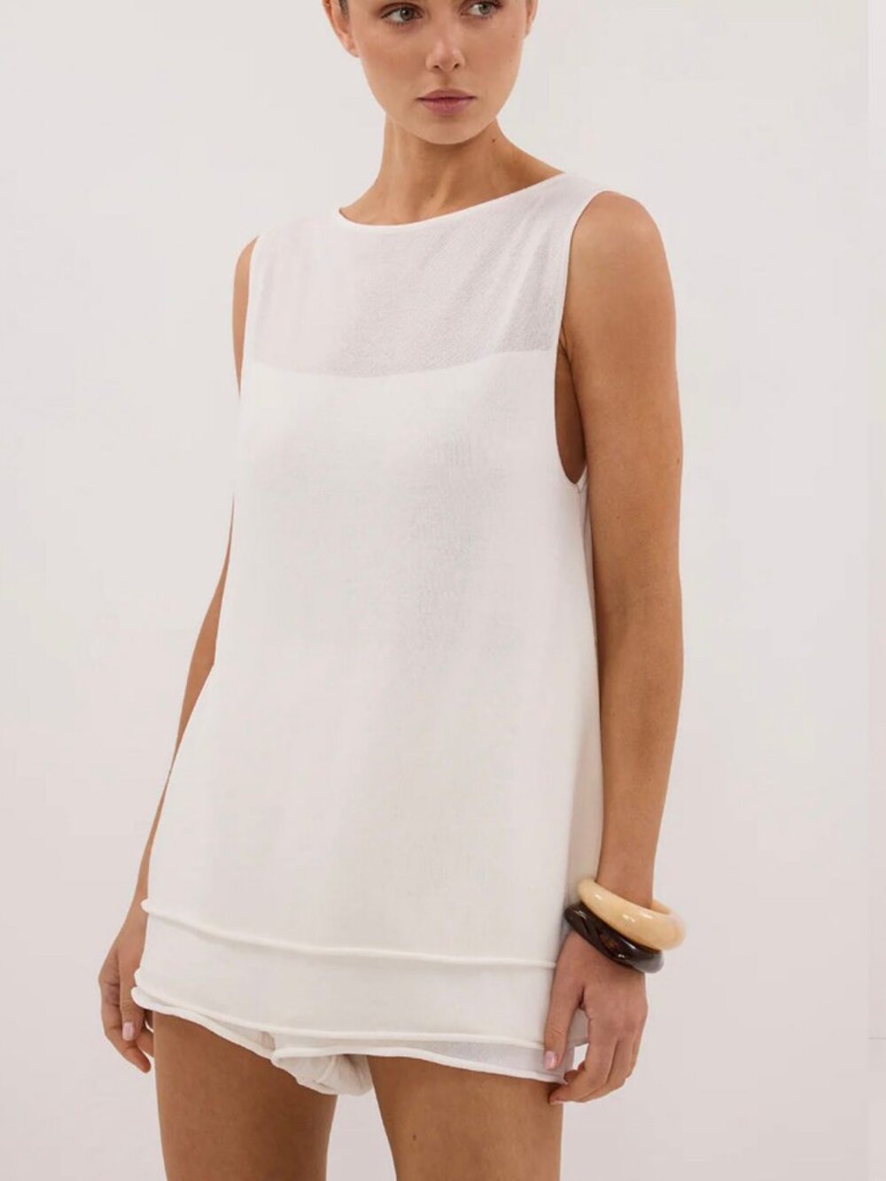 NWT DISSH Mira White Double Layer Knit Top XL Sheer Boat Neck
